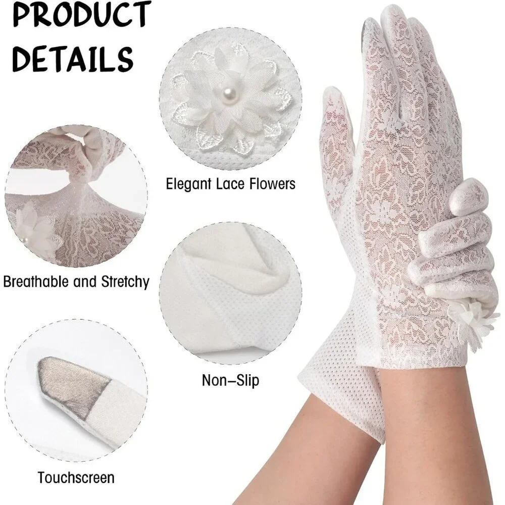 Women's Floral White Short Lace Gloves Wedding Halloween Cosplay Party Prom